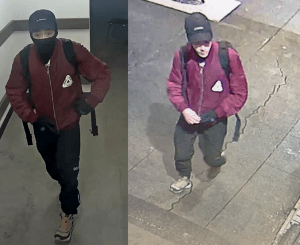 Burglary suspect white man in black hat and burgundy jacket